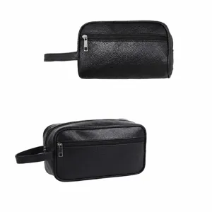 Men black PU leather toiletry bag waterproof cosmetic pouch with handle travel size options.