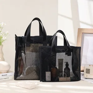 Zwarte mesh cosmetische tas draagbare reis opbergtote transparante make-up tas voor dames