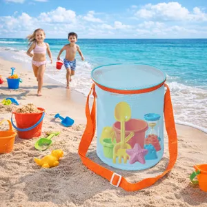Bolsa de almacenamiento de malla para juguetes de playa con correas coloridas para ninos.