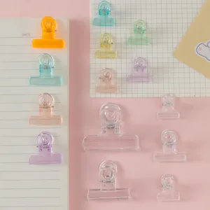 Colorful transparent binder clips detail shot, dopamine style small memo clips for use.
