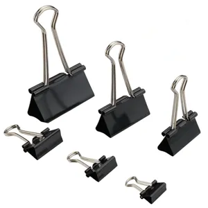 Assorted sizes black metal binder clips set for office and school document organization.