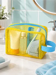 Yellow mesh cosmetic bag with blue zipper, transparent portable travel makeup storage pouch.