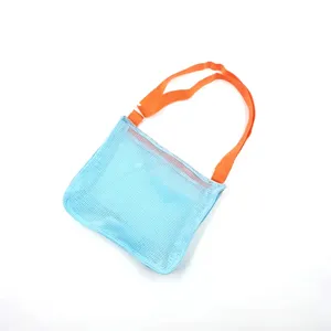 Kids mesh beach bag with orange straps, lightweight see-through toy storage shoulder bag.