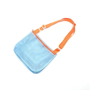 Kids mesh beach bag with adjustable orange strap, lightweight hollow toy storage shoulder bag.