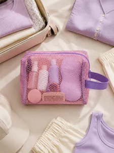 Purple mesh cosmetic bag, breathable travel makeup organizer with handle for toiletries.
