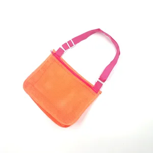 Orange mesh beach bag for kids toys storage, lightweight shoulder travel tote bag.