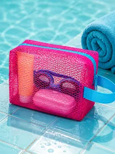 Pink mesh cosmetic bag beach travel toiletry organizer with blue zipper and handy strap.