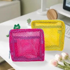 Portable mesh cosmetic bag with zipper, clear square makeup pouch for daily storage use.