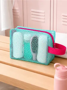 Portable mesh cosmetic bag travel makeup pouch breathable storage bag with pink zipper.