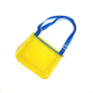 Yellow mesh beach bag for kids, breathable travel toy storage shoulder bag with blue straps.