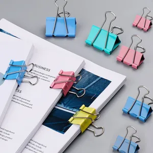 Colorful metal binder clips for office and school document organization, durable paper clamps.