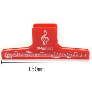Plastic music clip for sheet music and office documents, red color with notes design, 150mm