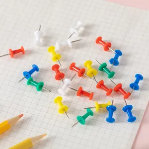 Colorful plastic push pins with stainless steel points, ideal for corkboards and office use.