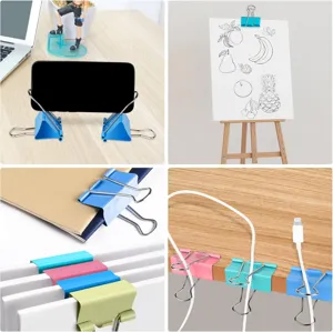 Colorful metal binder clips detail showing multi-functional usage for paper phone stand cables.