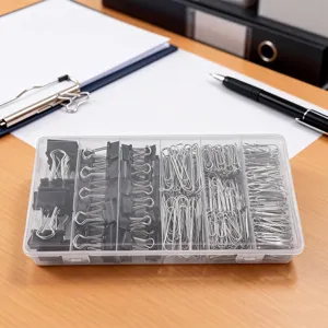 350-piece paper clips and binder clips set in a clear storage box for office organization.