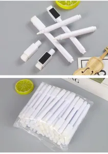White liquid chalk markers with eraser tips and magnetic caps shown in bulk packaging
