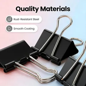 Close-up detail of black metal binder clips featuring rust-resistant steel and smooth coating.