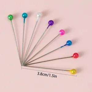 Colorful pearl head pins for sewing, dressmaking, and crafting. 3.8cm long metal pins.