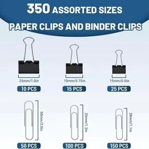 Assorted paper clips and binder clips set, 350 pieces with various sizes for office use.