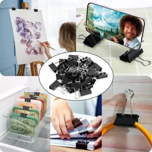 Black metal binder clips for office documents, organization, and creative DIY multi-purpose use.