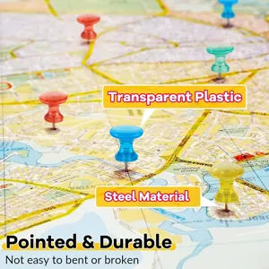 Transparent plastic push pins with steel points, colorful map tacks for cork board office use.