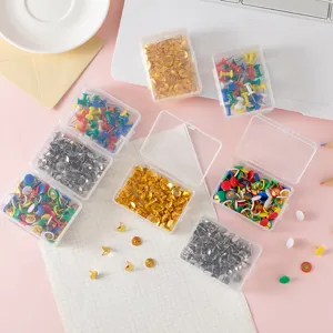 Colorful metal push pins in clear boxes office thumb tacks decorative wall pins 100pcs