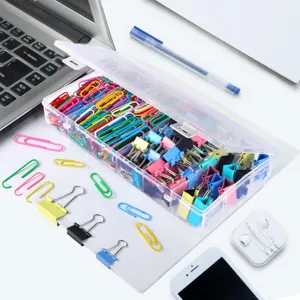 Assorted paper clips and binder clips set with transparent storage box for office organization.