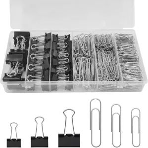 350pcs binder clips and paper clips set in clear organizer box for office and school stationery.