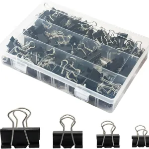 Assorted black metal binder clips set with clear plastic storage box for office school use.