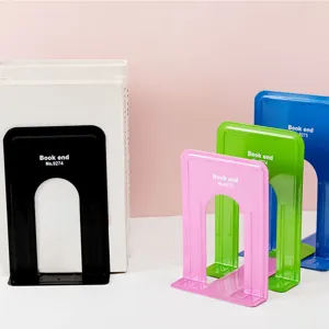 Metal bookends detail showing colorful metal book supports for desk organization.