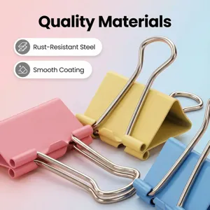 Colorful metal binder clips detail showing smooth coating and rust-resistant steel finish.