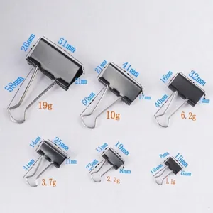 Tabla de tallas de clips de papel metálicos negros con varias dimensiones y pesos.