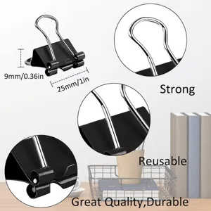 Metal black binder clip detail view showing strong spring handle and dimensions clearly.