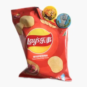 Lay's potato chips Texas BBQ flavor bundled with cute anime character metal clip badges.
