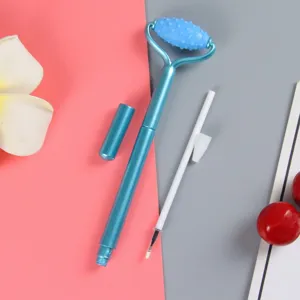 Blue electroplated decompression massage neutral pen with a textured silicone roller head