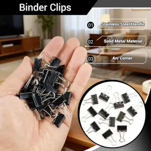 19mm black metal binder clips for office and school document organization with steel handles.