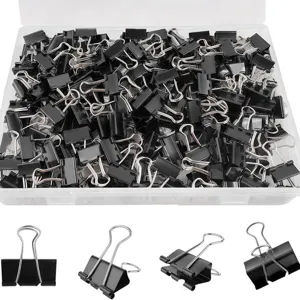 Black metal binder clips 19mm office stationery document clamps in a clear box main display.