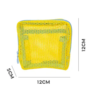 Yellow mesh cosmetic bag transparent square storage pouch portable travel makeup organizer.