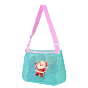 Christmas kids mesh beach bag detail, turquoise toy storage shoulder bag with cute Santa graphic.