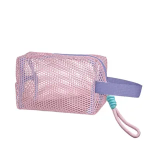 Pink mesh cosmetic bag portable storage pouch breathable makeup organizer for travel beach