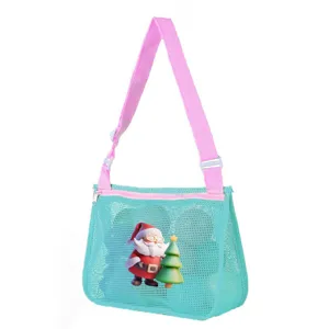 Kids Christmas mesh beach bag toy storage shoulder bag with cute Santa graphic design