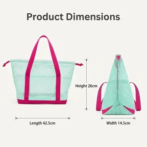 Large capacity mesh beach bag with sturdy pink handles and drawstring closure for outdoor fun.