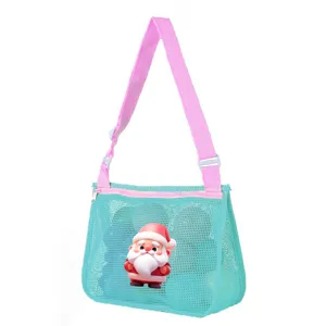 Kids mesh beach bag with cute Santa print, perfect toy and shell storage shoulder bag.