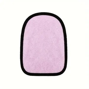 Pink beach sand removal mitt detail view, soft fabric texture with black bound edge.