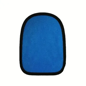 Close-up detail of the blue kids beach sand removal mitt with black edge binding.