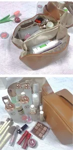 Double layer large capacity PU leather cosmetic bag multi functional travel toiletry organizer