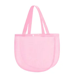 Pink mesh beach toy storage bag with dual handles, breathable grid design for kids outdoor fun.