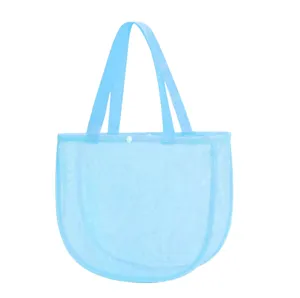 Blue mesh beach bag for kids toys storage, breathable mesh tote bag with double handles.