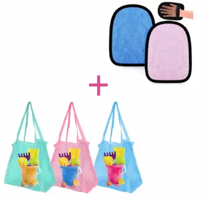Detail view of beach mesh bags and sand removal mitts set, featuring vibrant colors and handy use.