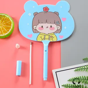 Blue fan-shaped ballpoint pen with cute cartoon girl illustration and refill accessories